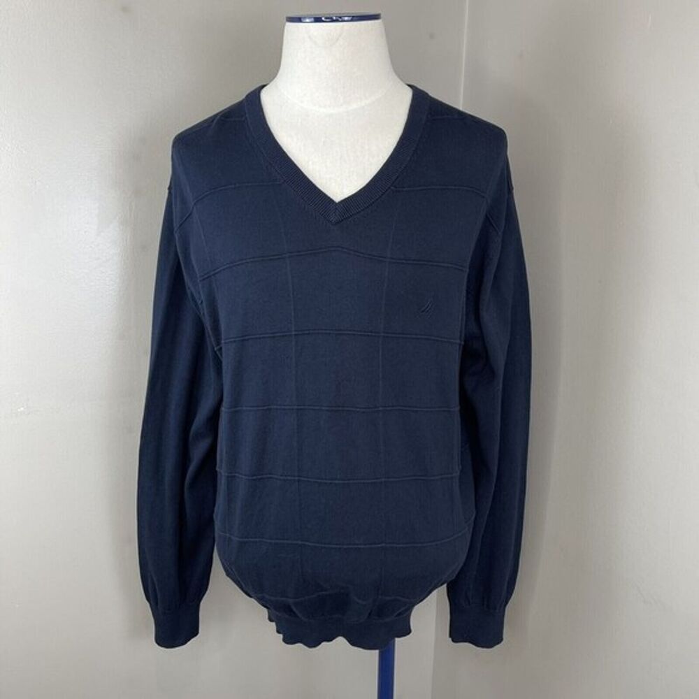 Nautica Mens Sweater Blue XL Cotton V Neck Pullover Long Sleeve